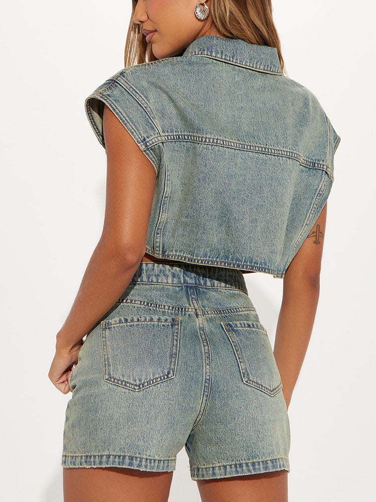 Washed Denim Button Top & Shorts Set
