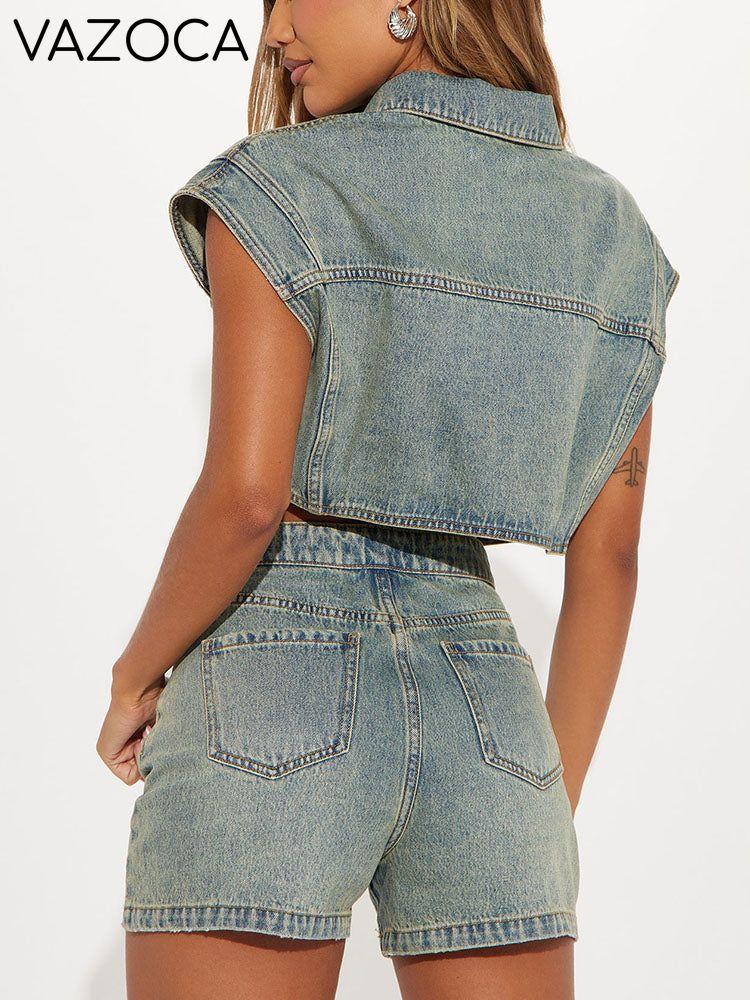 Washed Denim Button Top & Shorts Set