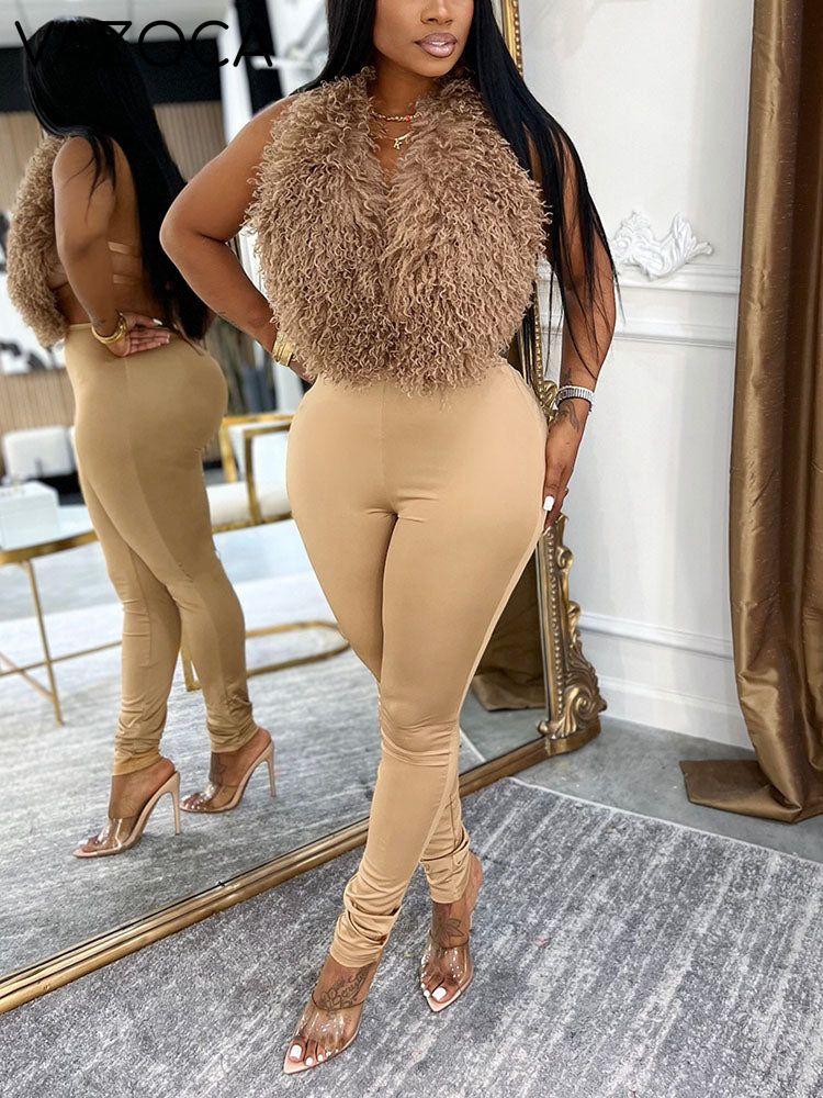Fur Halter Vest & Leggings Set Apricot