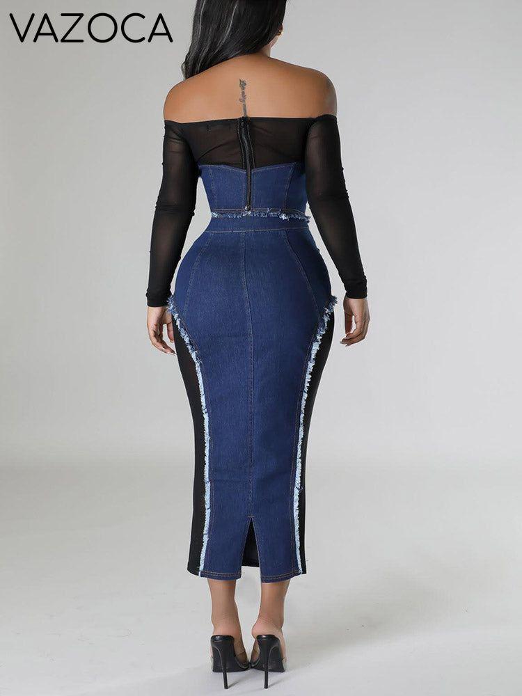 Denim Mesh Skirt Set