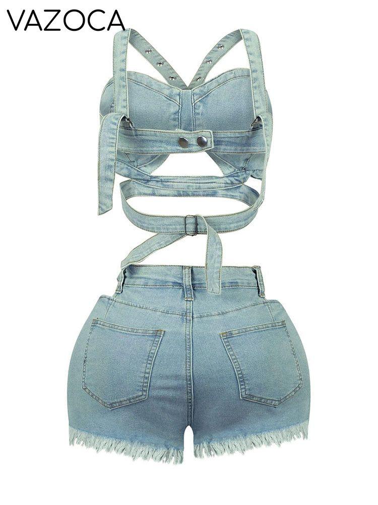 Denim Top & Cutout Shorts Set