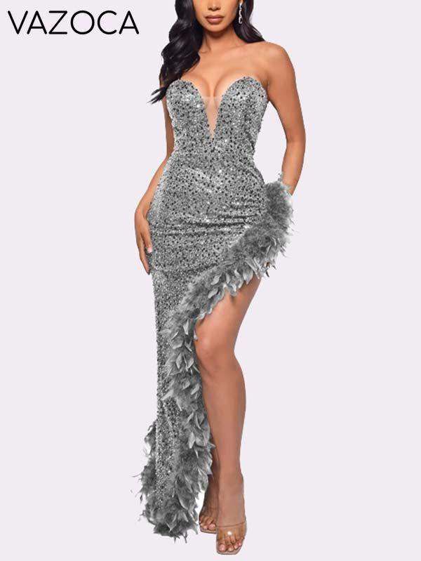 Sequin Feather Trimmed Dress