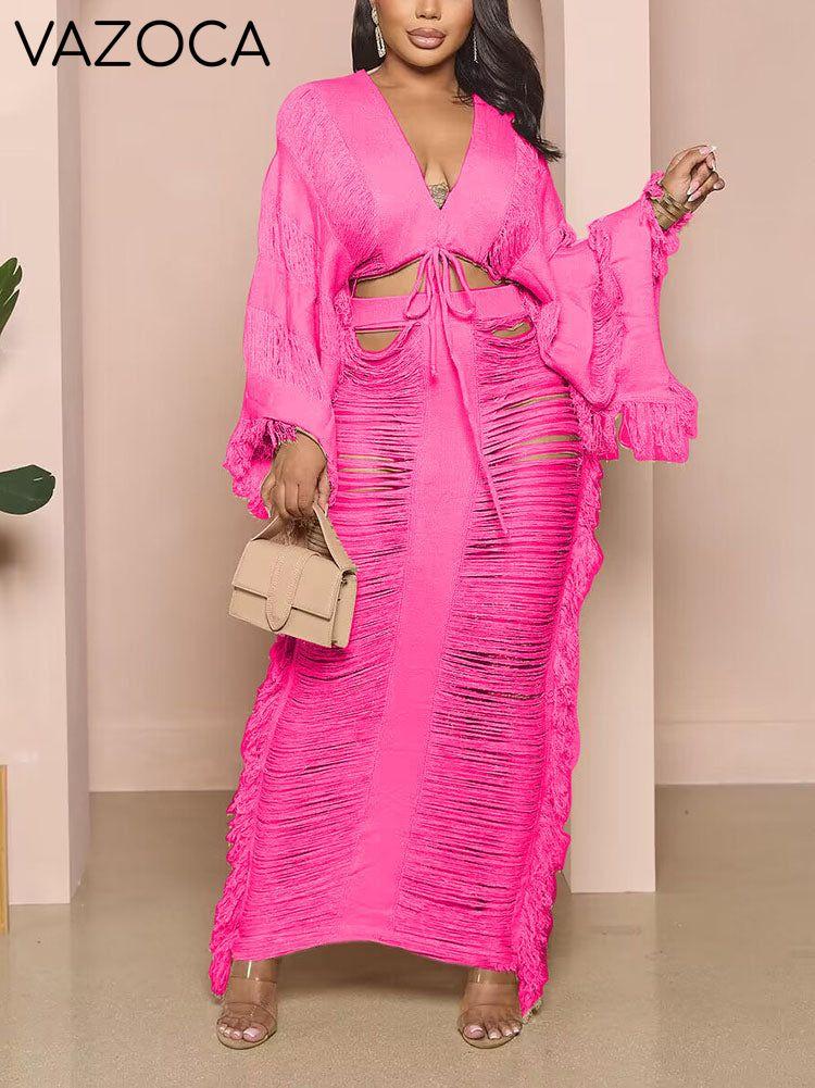 Knitted Tassel Drawstring Skirt Set