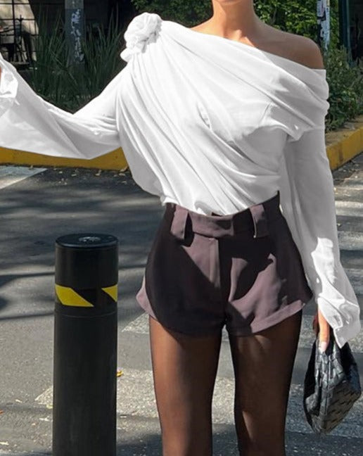 Chiffon Semi-sheer One Shoulder Asymmetrical Top White