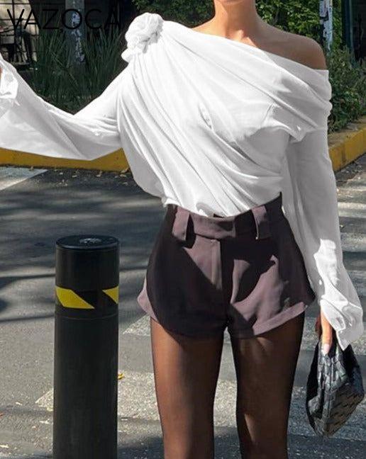 Chiffon Semi-sheer One Shoulder Asymmetrical Top White