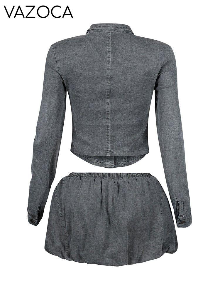 Denim Button Jacket & Bubble Skirt Set