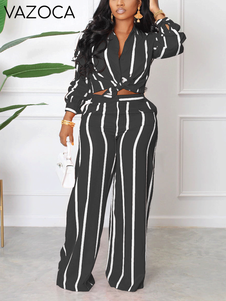 Striped Turndown Collar Long Sleeve Set
