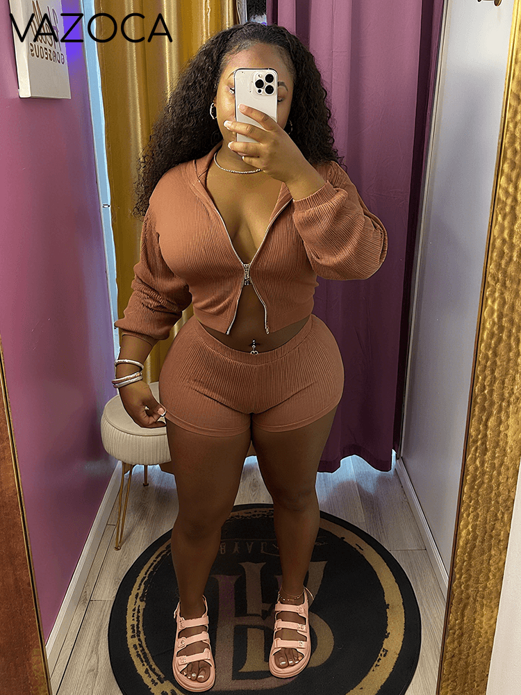 Athleisure Ribbed Three Piece Shorts Set