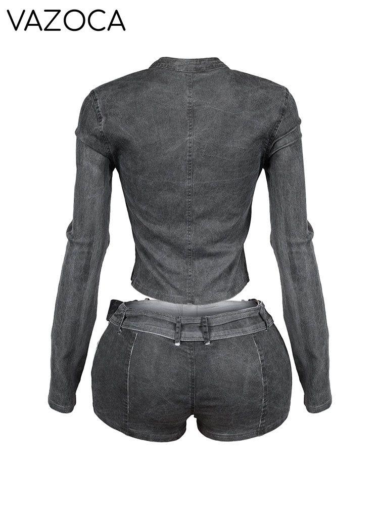 Denim Zip Up Top & Belt Shorts Set