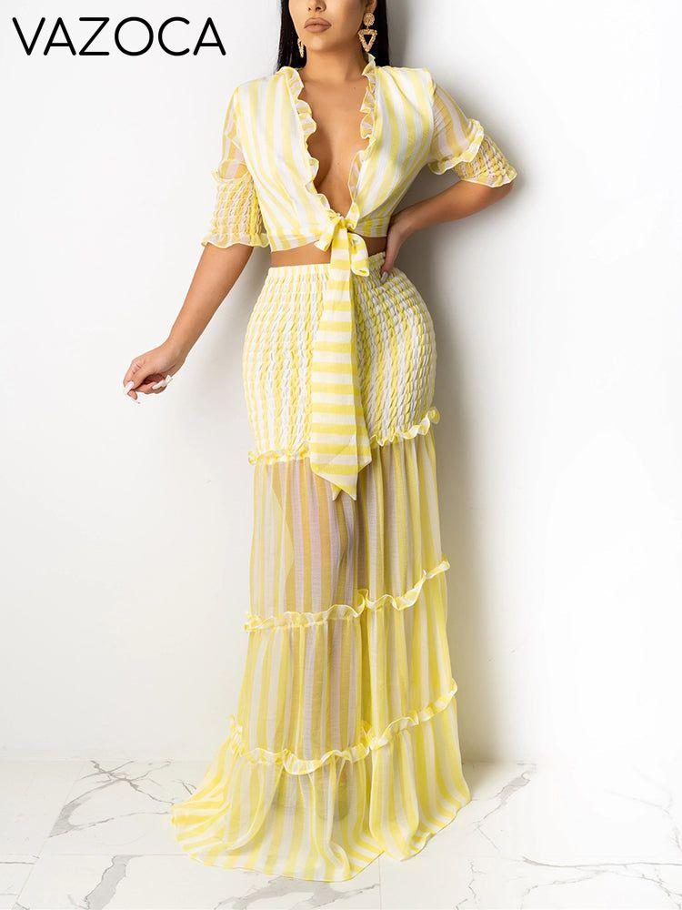 Striped Crop Top Ruffle Skirt Set