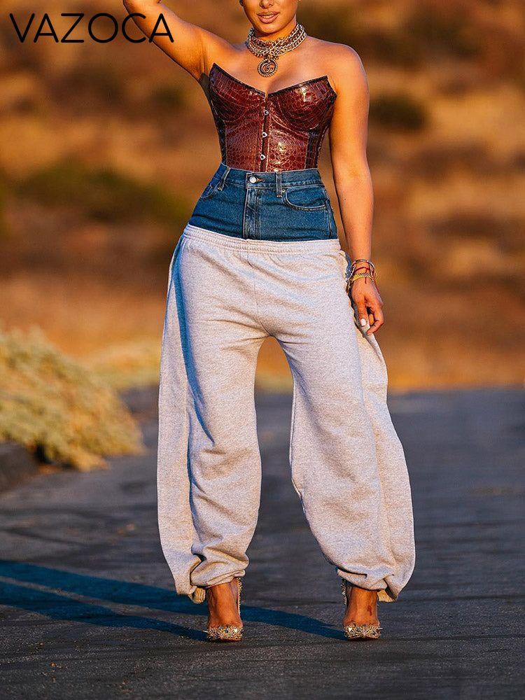 Denim Patchwork Jogger Pants