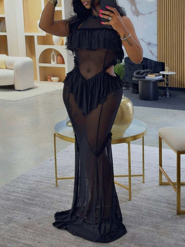 Halter Ruffled Cut‑Out Maxi Dress