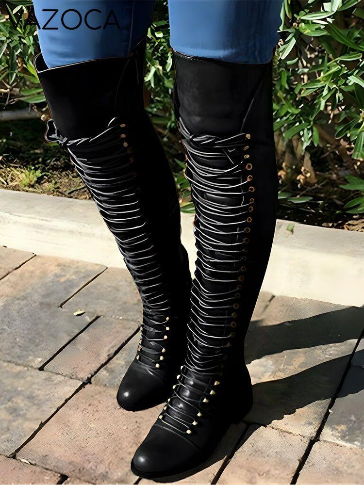 Lace Up Leather Over The Knee Boots