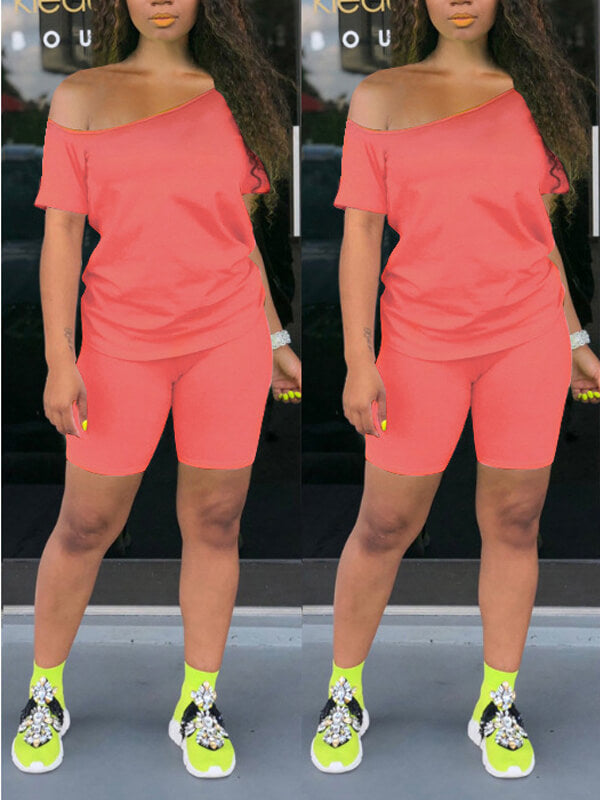 Solid Boat-Neck Tee & Biker Shorts Set