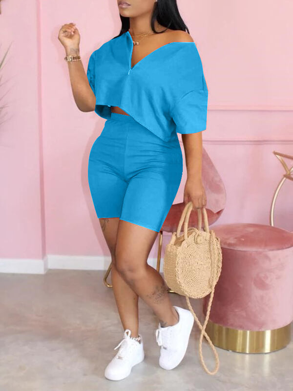 Solid Zip Top & Shorts Set