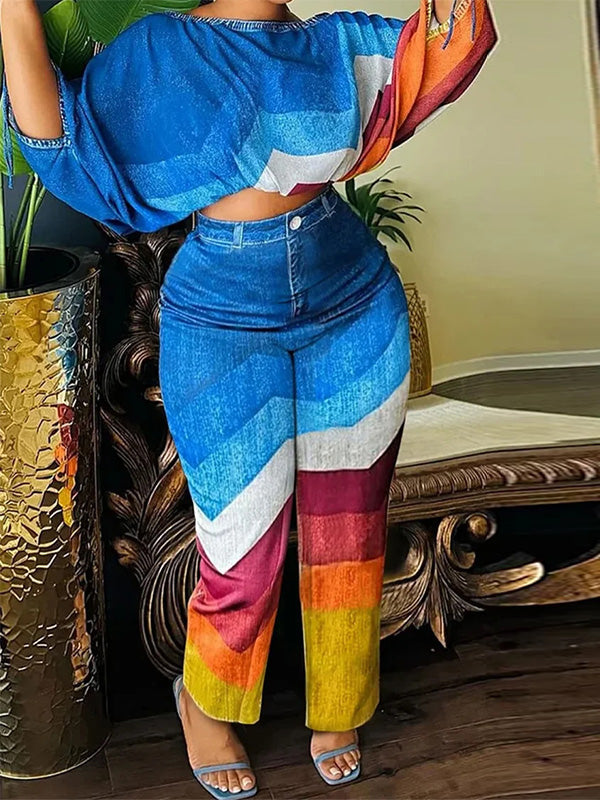 Denim-Print Top & Pants Set