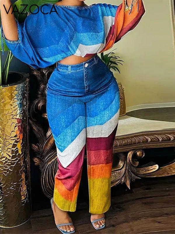 Denim-Print Top & Pants Set