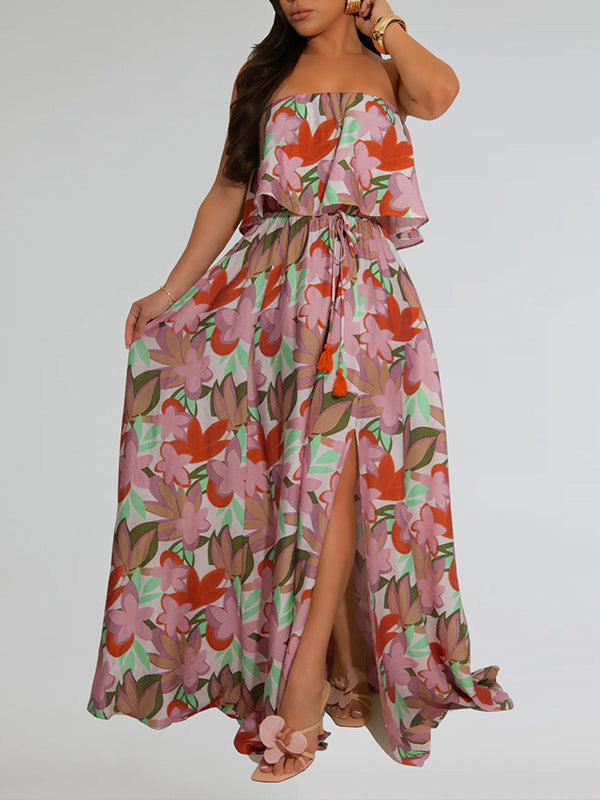 Printed Strapless Slit Dress