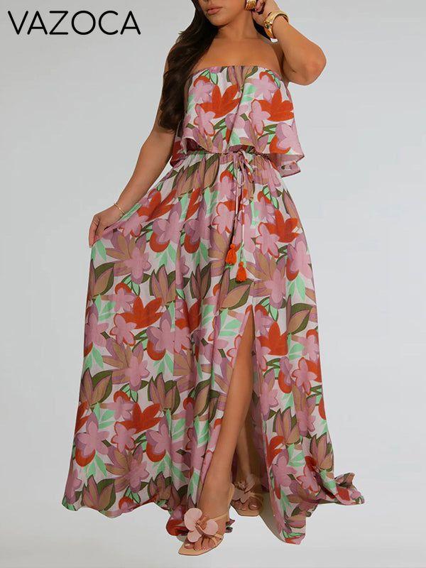 Printed Strapless Slit Dress