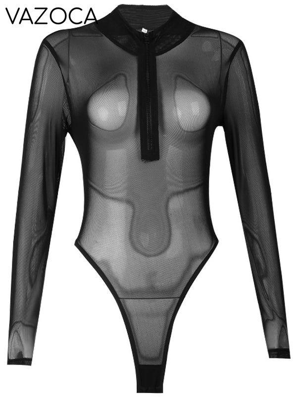 Zip-Front Sheer Bodysuit