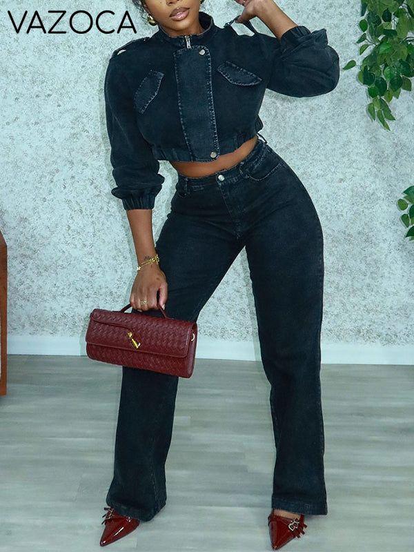Denim Cropped Jacket & Pants Set