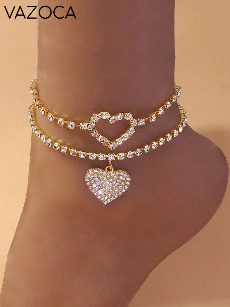 2PCS Rhinestone Heart Anklet