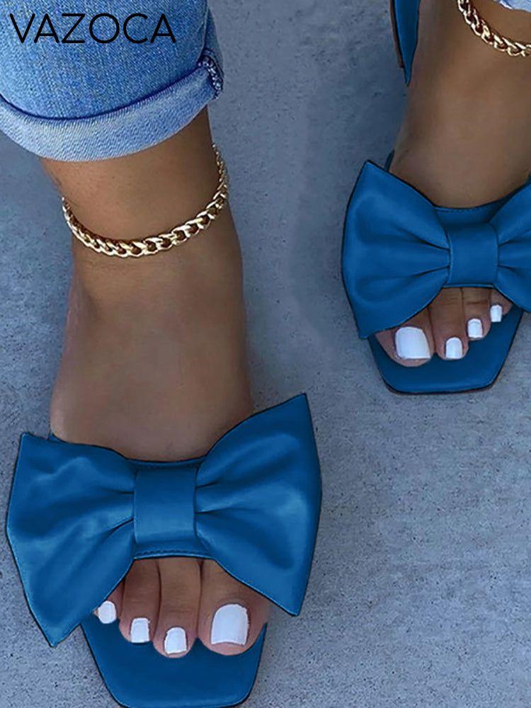 Bowknot Decor Square Toe Flat Sandals