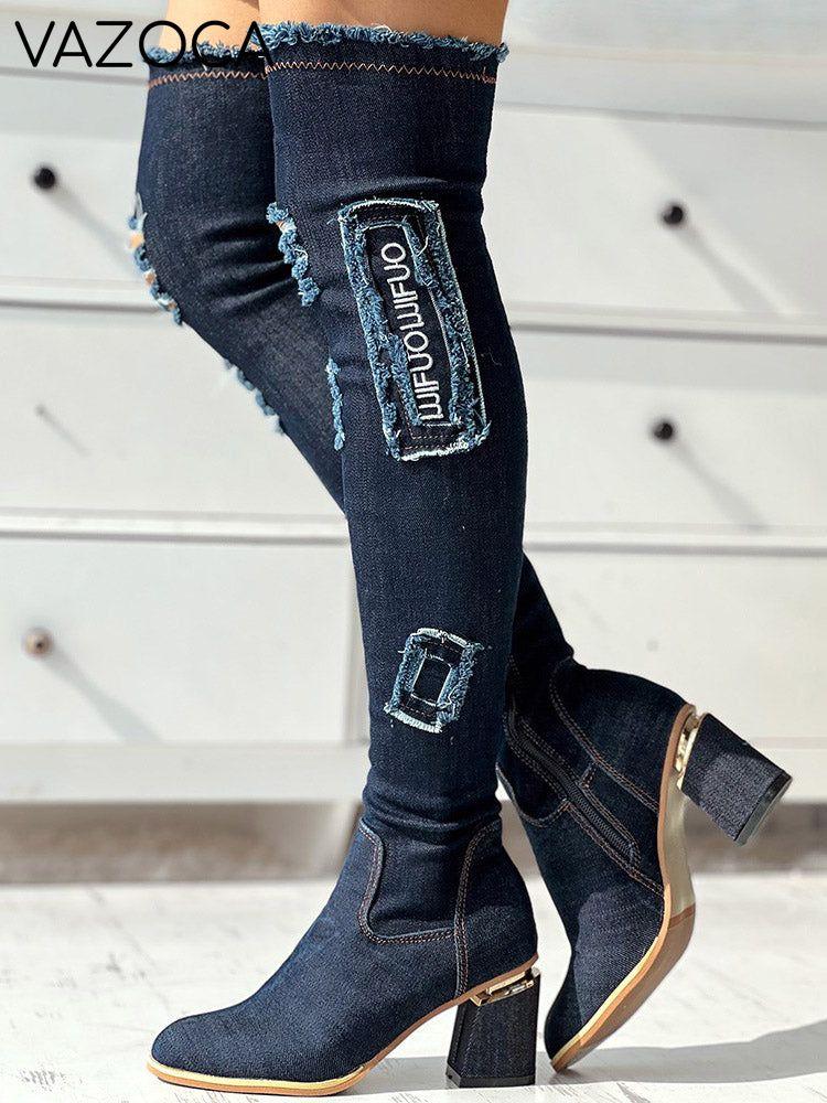 Ripped Over The Knee Denim Boots