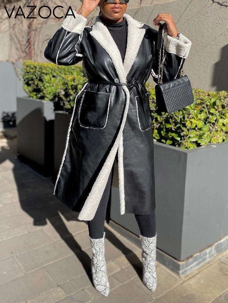 Faux Leather Shearling Lined Coat Black