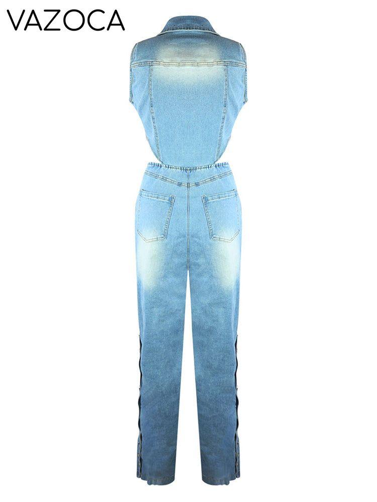 Snap Button Wide Denim Jumpsuit