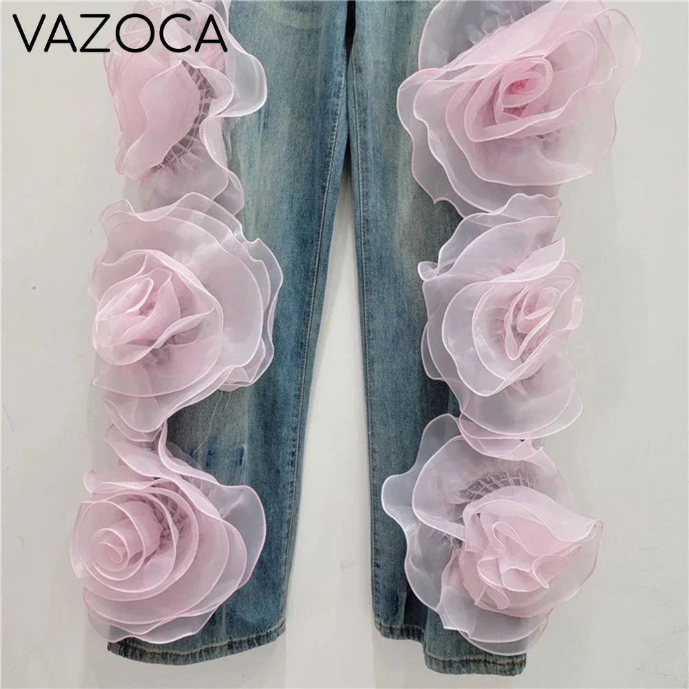 3D Flowers High Waist Jeans