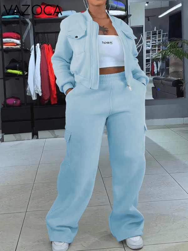 Solid Zip Top & Cargo Pants Set