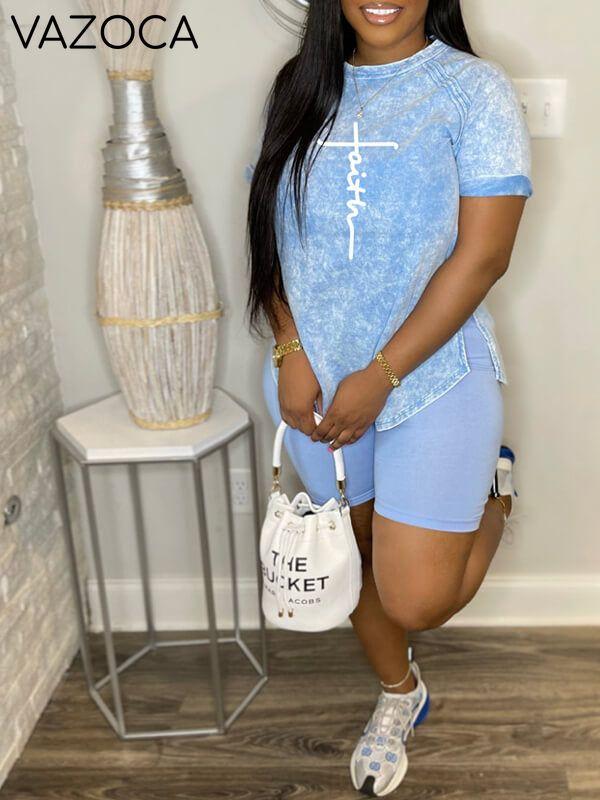 Logo Printed Slit Tee & Biker Shorts Set-Clearance