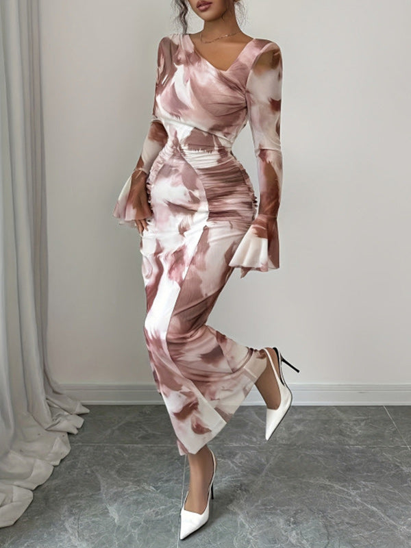 Printed Asymmetric-Neck Maxi Dress