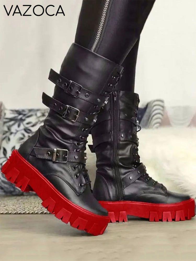 Eyelet Buckled Zipper Platform Boots