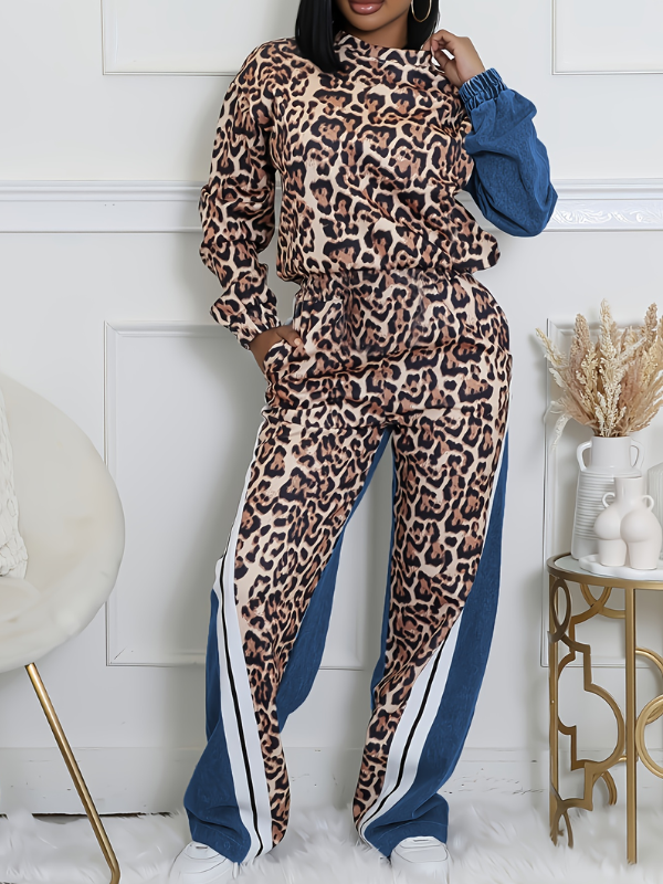 Stripe Combo Leopard Sweatshirt & Pants Set