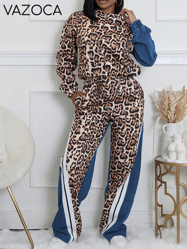 Stripe Combo Leopard Sweatshirt & Pants Set