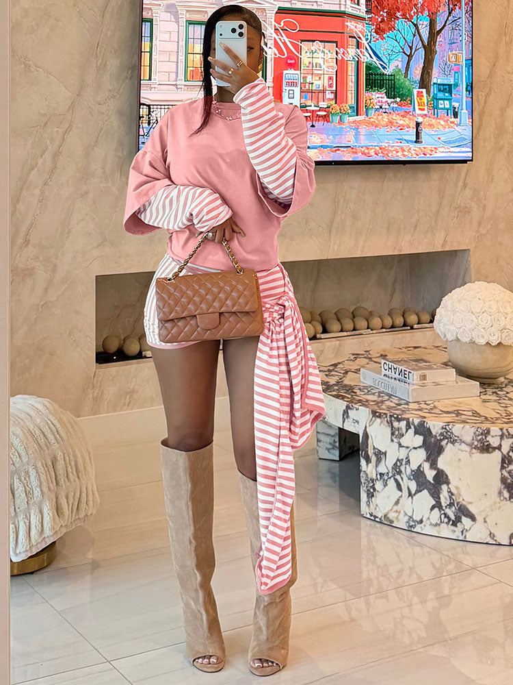 Layered Striped Top & Side-Tie Shorts Set