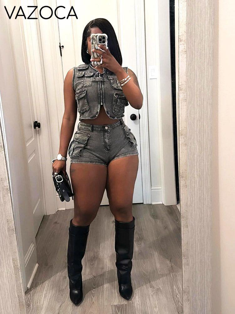 Denim Cargo Vest & Shorts Set