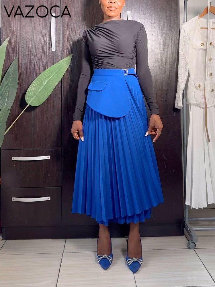 Pleated Belt Midi Skirt