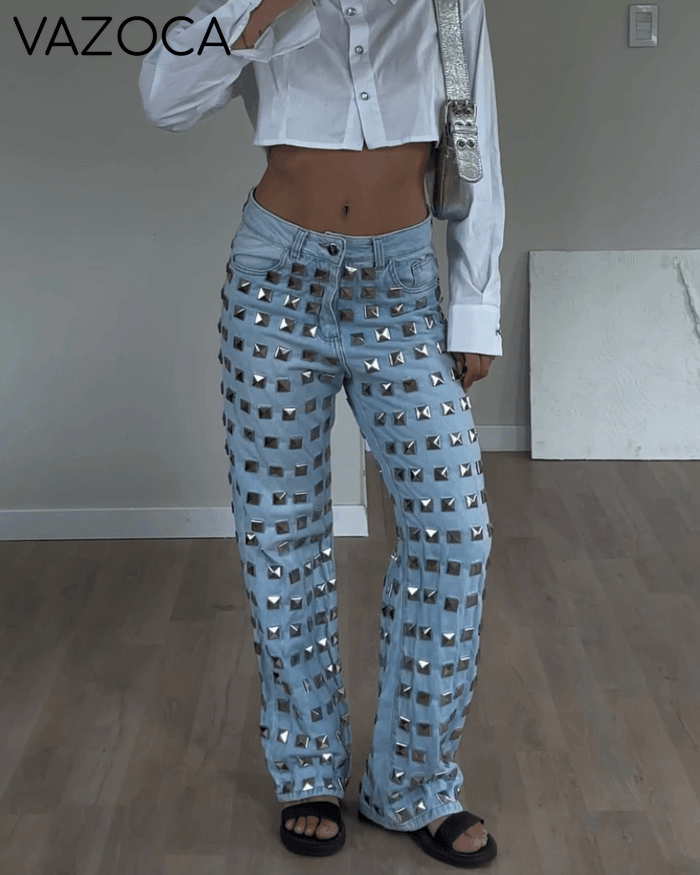 Studded Mid-Rise Baggy Jeans Lightblue