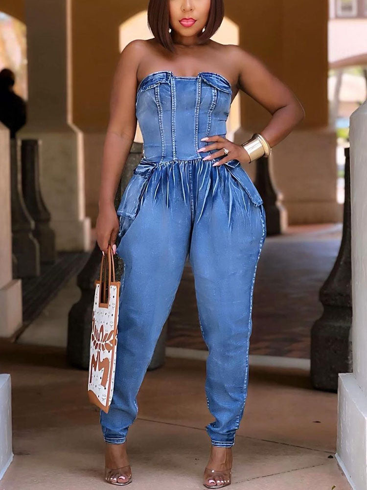 Strapless Ruched Denim Jumpsuit