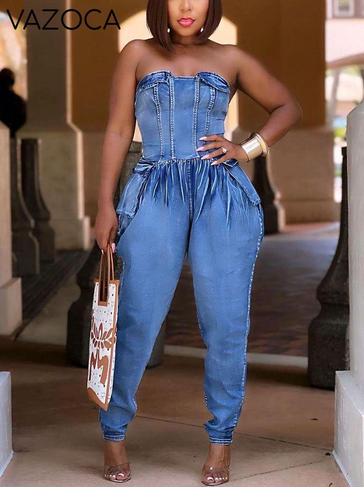 Strapless Ruched Denim Jumpsuit