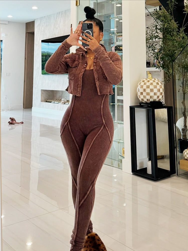 Washed Cropped Jacket & Jumpsuit Set