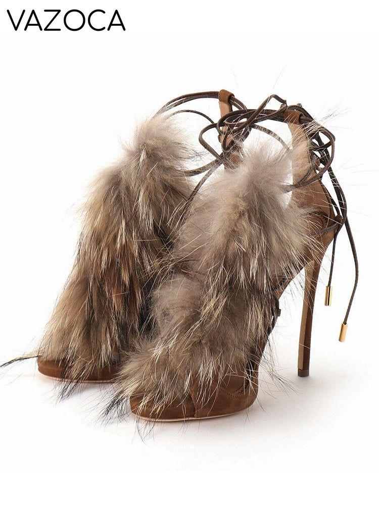 Suede Fur Lace-Up Sandals