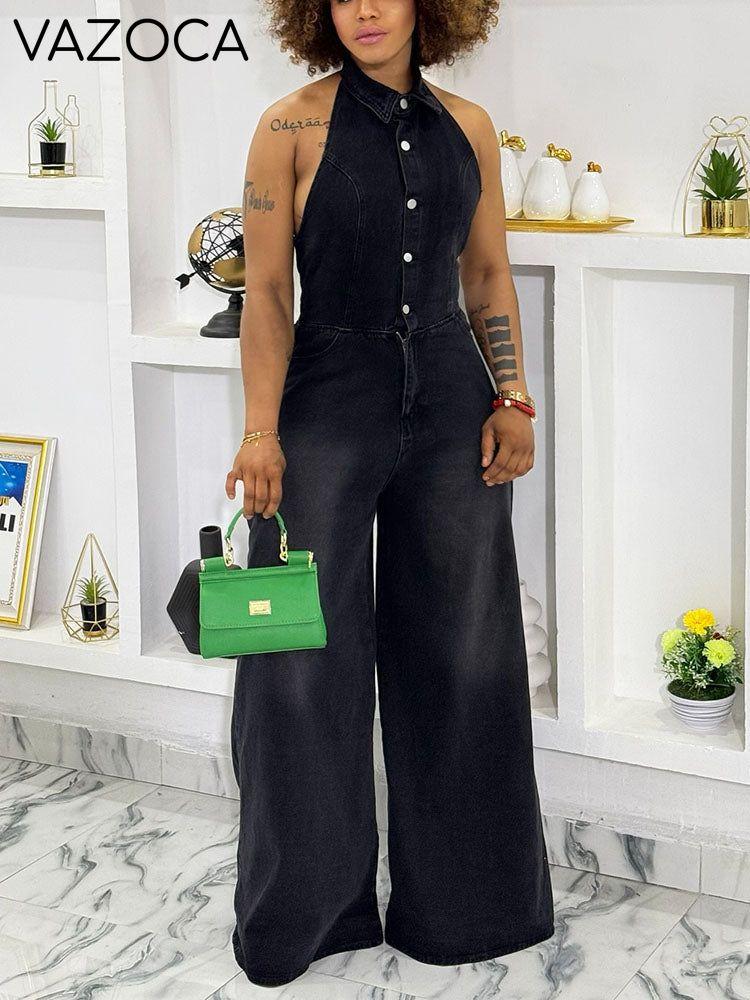 Denim Halter Wide-Leg Jumpsuit