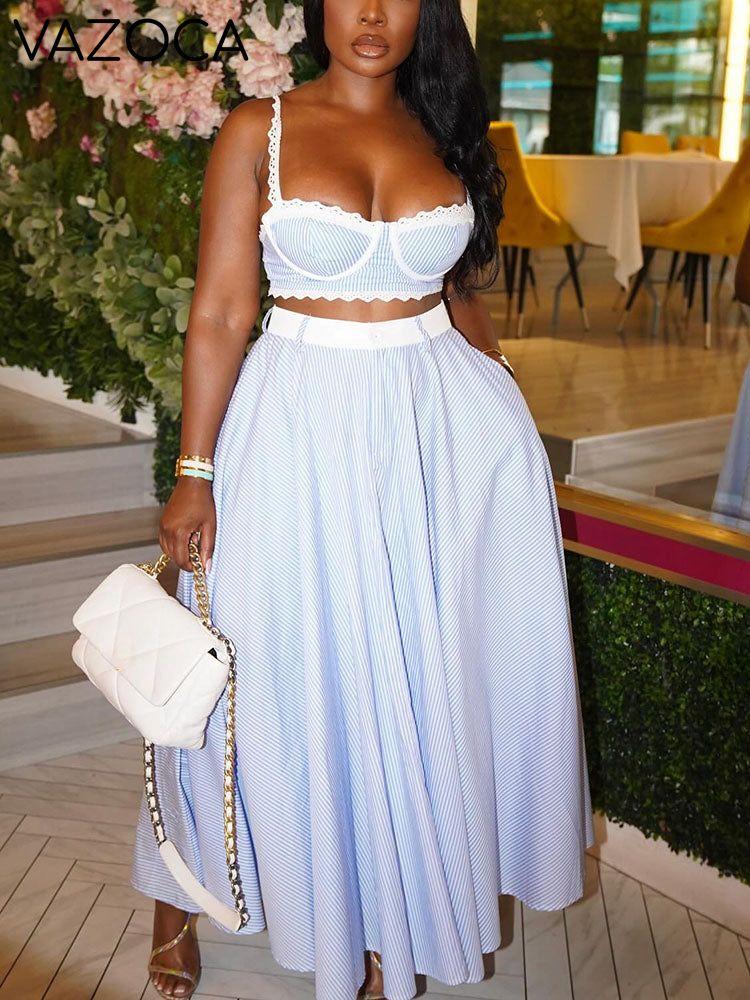 Striped Lace Trim Camisole & Skirt Set