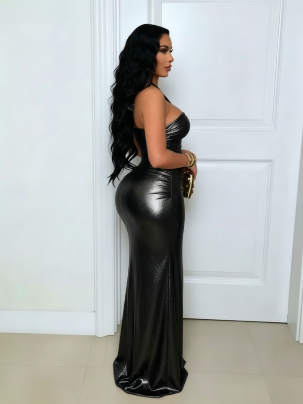 Metallic Halter Slit Maxi Dress
