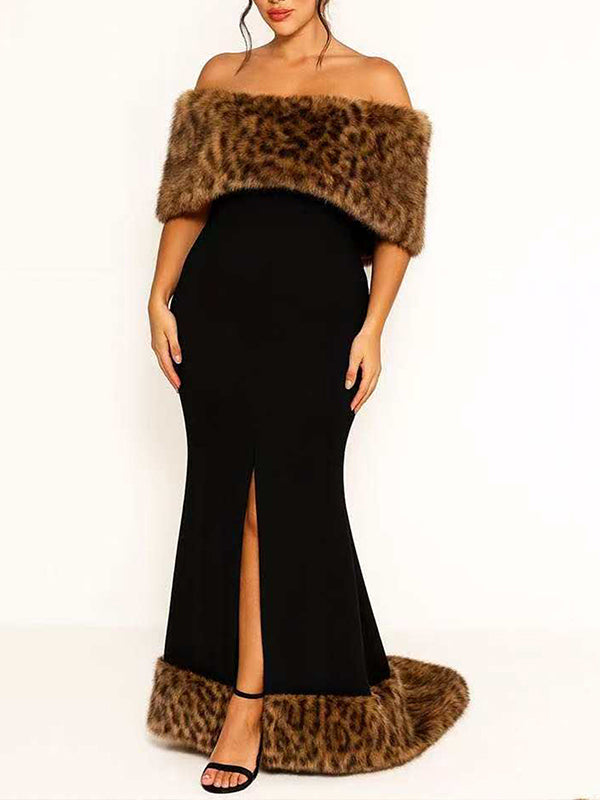 Faux-Fur Combo Off-Shoulder Dress