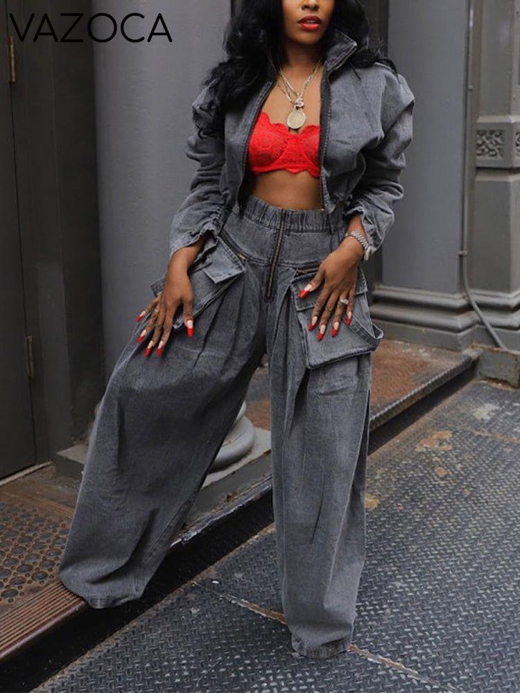 Denim Jacket & Wide Pants Set